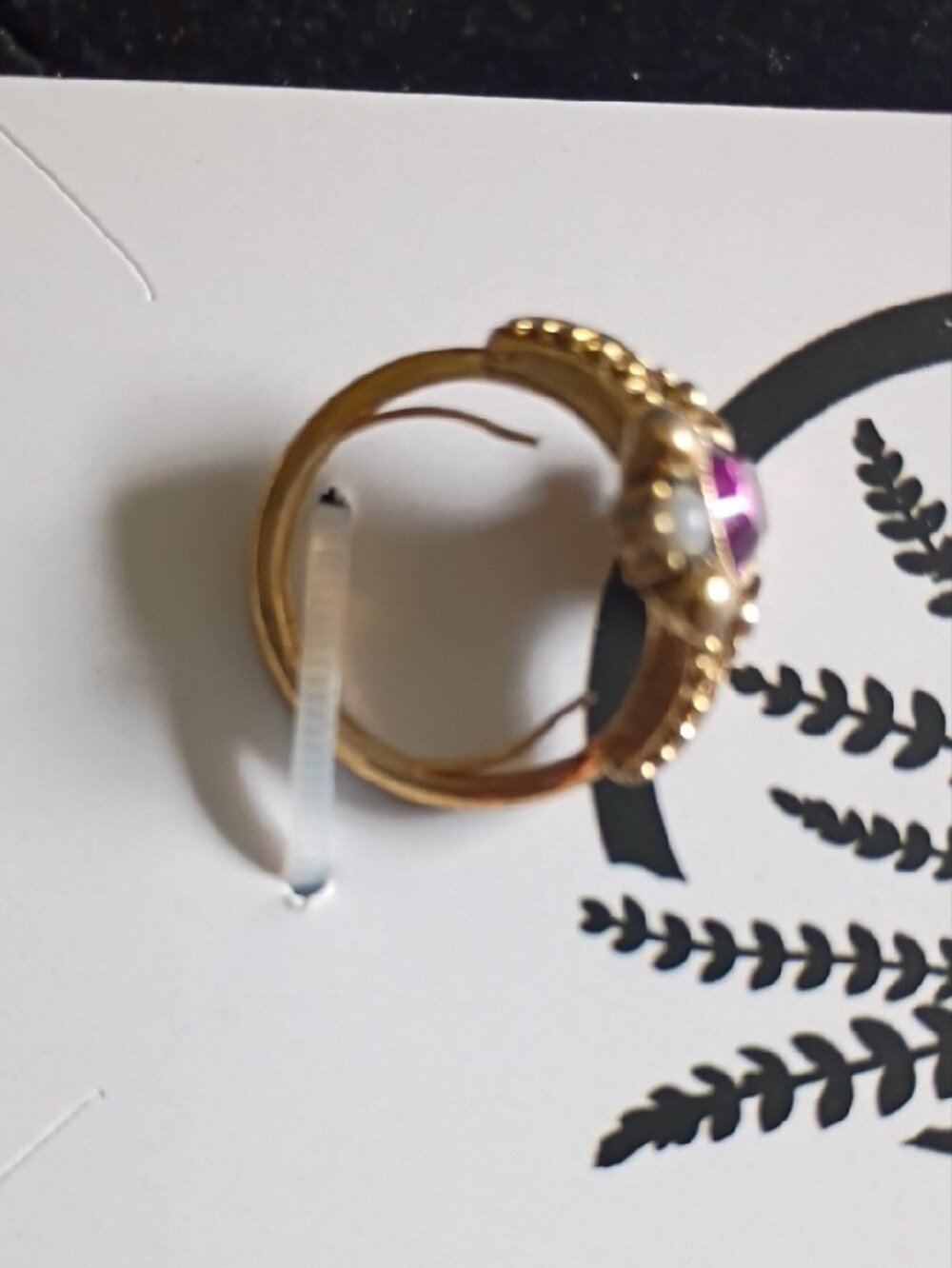Vintage-Inspired Gold Ring with Purple Stone and Pearl Accents Size 7 - Picture 3 of 4